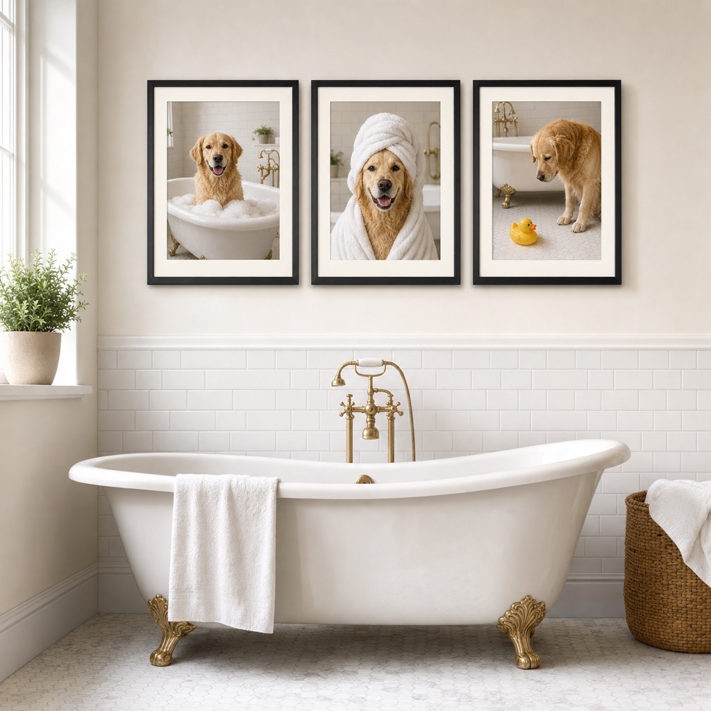 Bath Time three-panel pet wall art shown in a bathroom