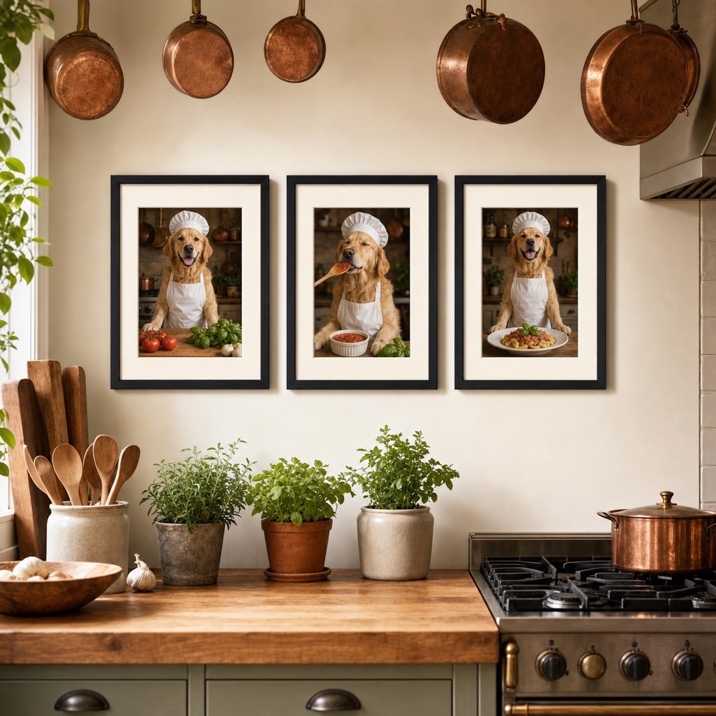 Sous Chef three-panel pet wall art shown in a kitchen
